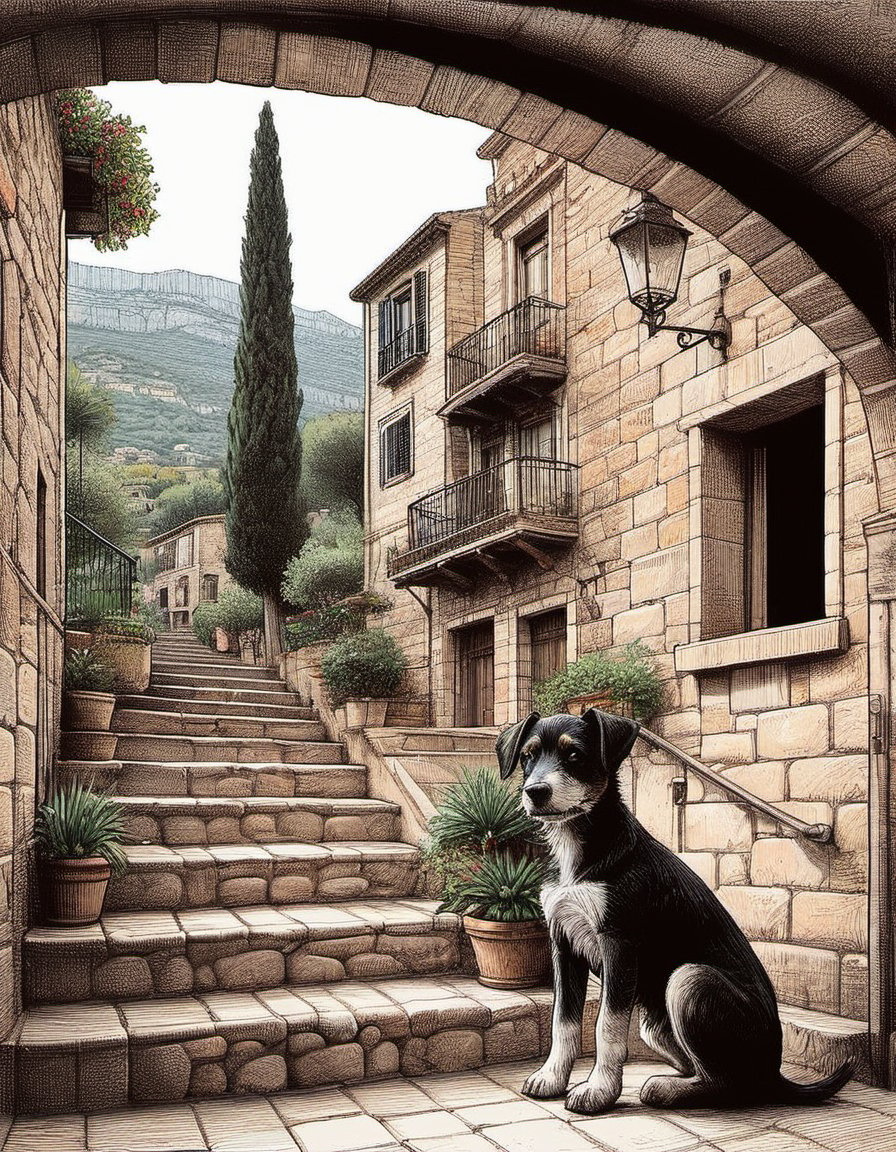 a staircase in valldemossa with a lone single cute puppy dog ink art illustration