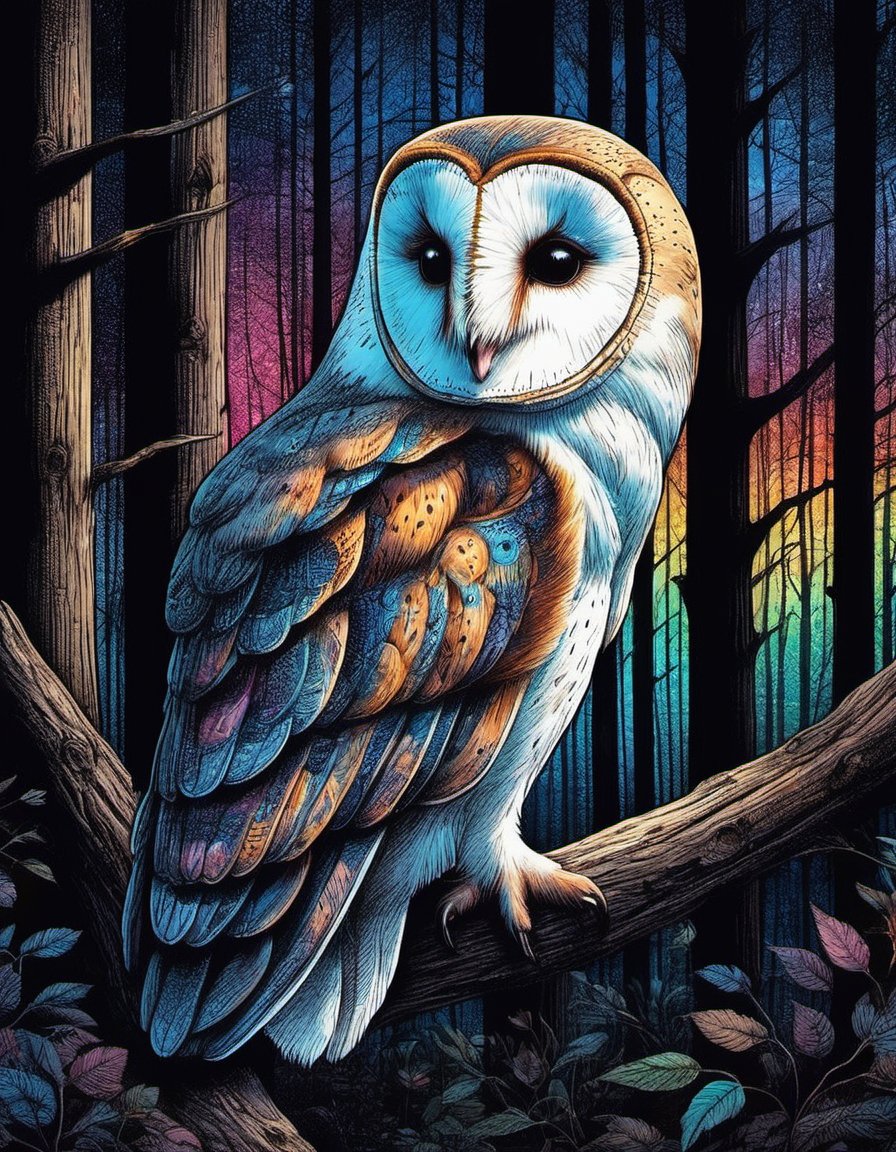 a barn owl emerging from the shadows of a nighttime forest ink art colorful