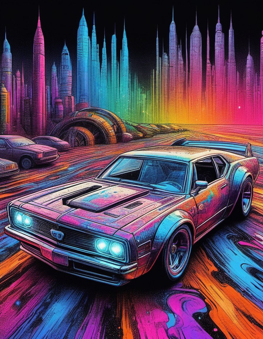 from a macro photo of a retro futuristic hotwheels car prime paint work with infused glitter colorshift paint colorful plastic ink art illustration 