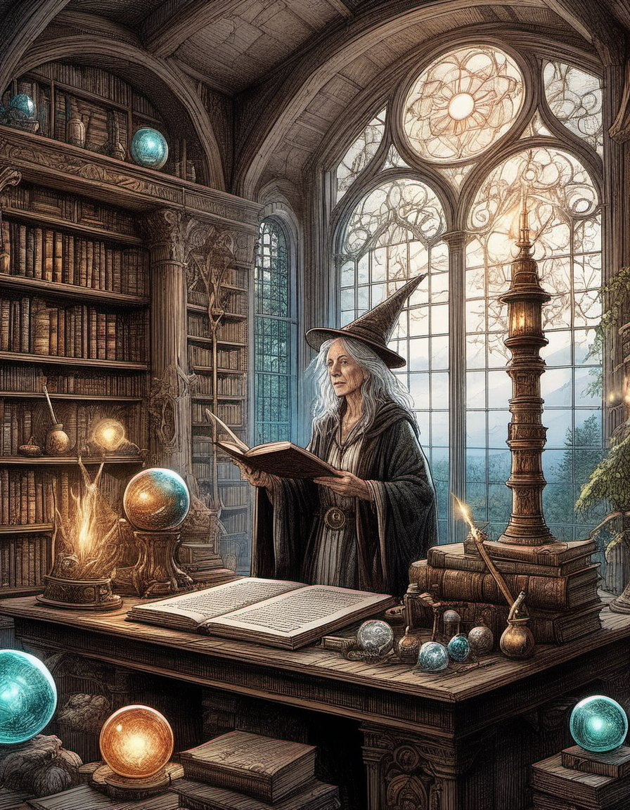 older female wizard in a study on the top floor of a white marble tower with large windows above treetops of a wild old forest bookshelves and tabletops covered in alchemical equipment and carved wands and staffs and crystals and glass spheres that glow and emanate magical energies throughout the cozy study