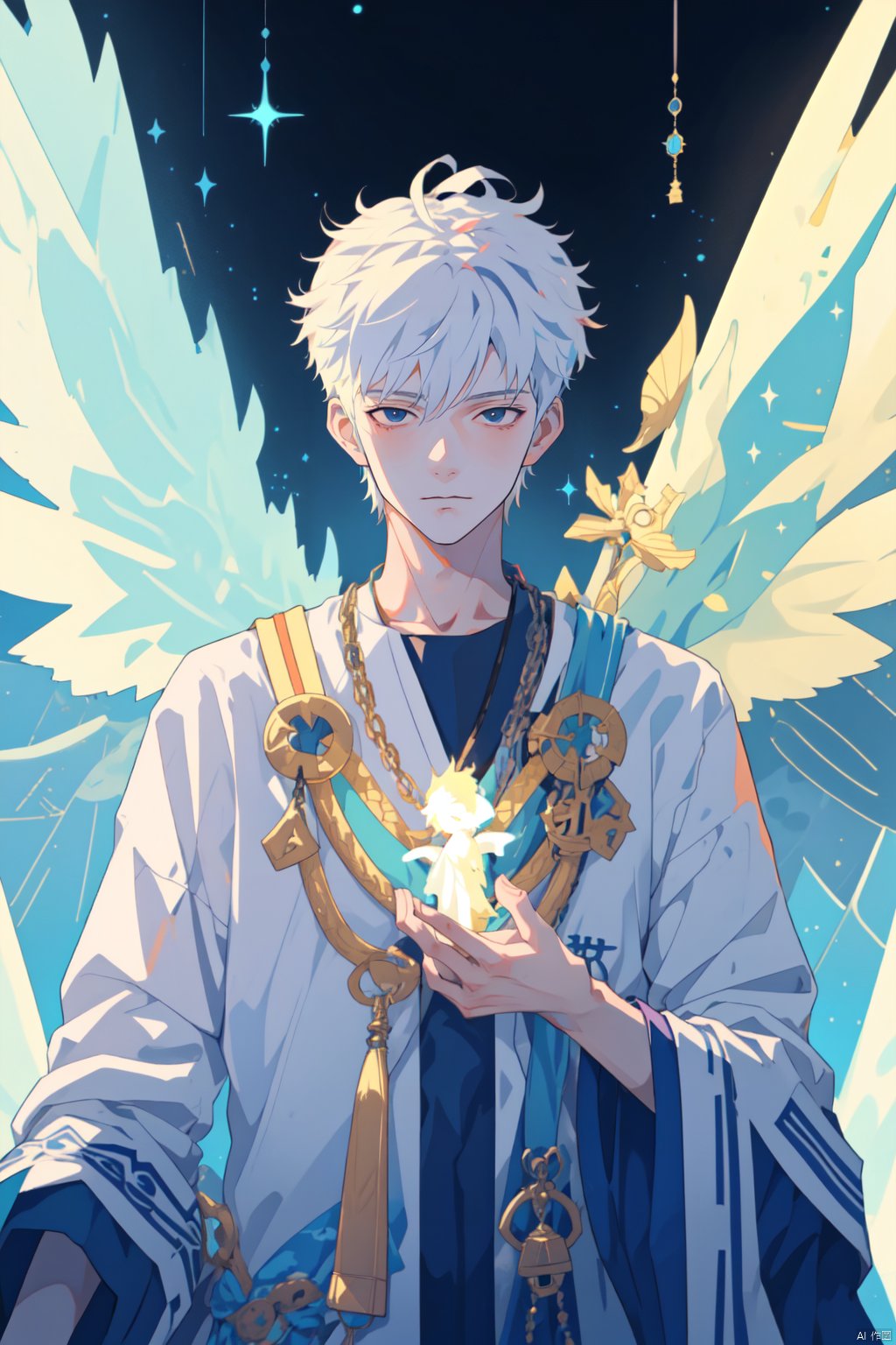  1boy, masterpiece,quiff, detailed eyes, solo, upper body,sboe,juvenile,Becoming a man, Formed by light,starry_background, cozy anime, glowing angelic being, glowing aura around he, ethereal wings, beautiful fantasy art, very beautiful fantasy art,Sacred, Sacred Atmosphere, Sacred Sense, flat