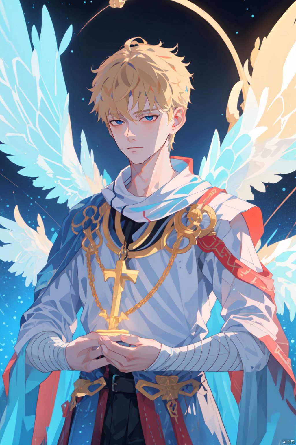  1boy, masterpiece,quiff, detailed eyes, solo, upper body,sboe,juvenile,Becoming a man, Formed by light,starry_background, cozy anime, glowing angelic being, glowing aura around he, ethereal wings, beautiful fantasy art, very beautiful fantasy art,Sacred, Sacred Atmosphere, Sacred Sense, Ritual