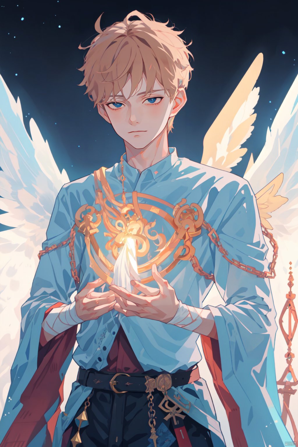  1boy, masterpiece,quiff, detailed eyes, solo, upper body,sboe,juvenile,Becoming a man, Formed by light,starry_background, cozy anime, glowing angelic being, glowing aura around he, ethereal wings, beautiful fantasy art, very beautiful fantasy art,Sacred, Sacred Atmosphere, Sacred Sense, Ritual