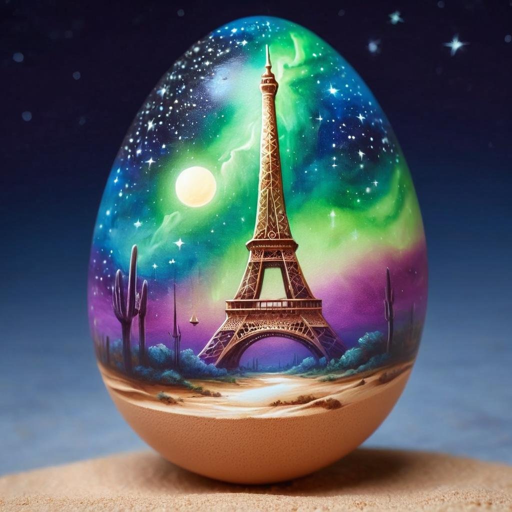 egg, a tower eiffel in sahara desert, perfect night view, sky ilumination purple and dark blue, beautiful ORION stars, green aurora in sky, egg-art <lora:egg-art-000006:0.8>