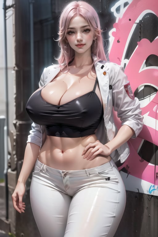 best quality, highres, solo girl, mature, milf, sagiri yuko, pink hair, long hair, big breasts, 1 girl, masterpiece, best quality, ultra detailed, 8k, highly detailed, detailed face, small smile, delicate hands, wide hips, covered, huge breasts, pants, white t-shirt, jacket, siple background, graffiti wall, neon