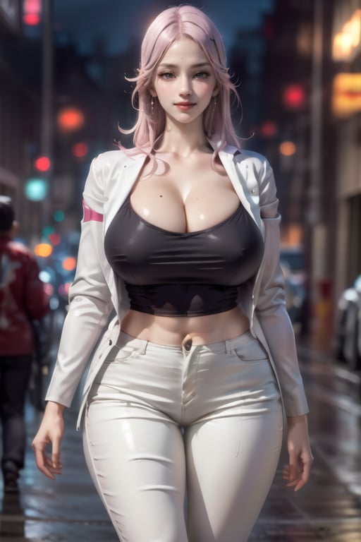 best quality, highres, solo girl, mature, milf, sagiri yuko, pink hair, long hair, big breasts, 1 girl, masterpiece, best quality, ultra detailed, 8k, highly detailed, detailed face, small smile, delicate hands, wide hips, covered, huge breasts, pants, white t-shirt, jacket