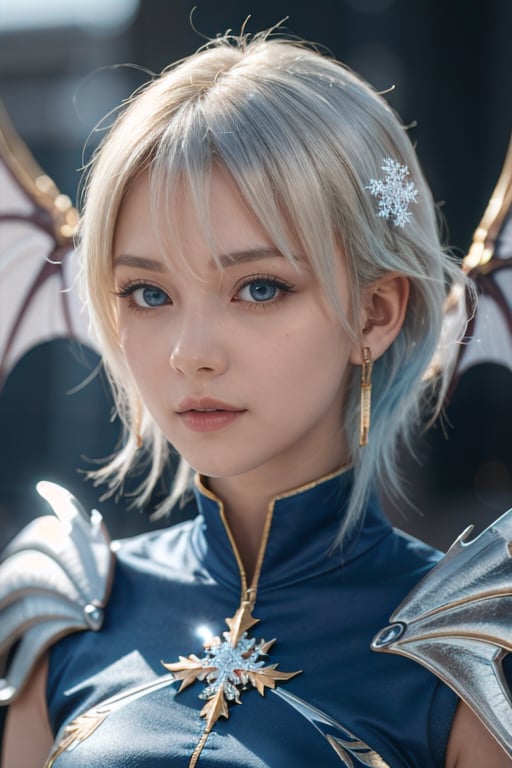 ((best quality)), ((masterpiece)), ((ultra-detailed)), extremely detailed CG, (illustration), ((detailed light)), (an extremely delicate and beautiful), a girl, solo, ((upper body,)), ((cute face)), expressionless, (beautiful detailed eyes), blue dragon eyes, (Vertical pupil:1.2), white hair, shiny hair, colored inner hair, (Dragonwings:1.4), [Armor_dress], blue wings, blue_hair ornament, ice adorns hair, [dragon horn], depth of field, [ice crystal], (snowflake), [loli], [[[[[Jokul]]]]]