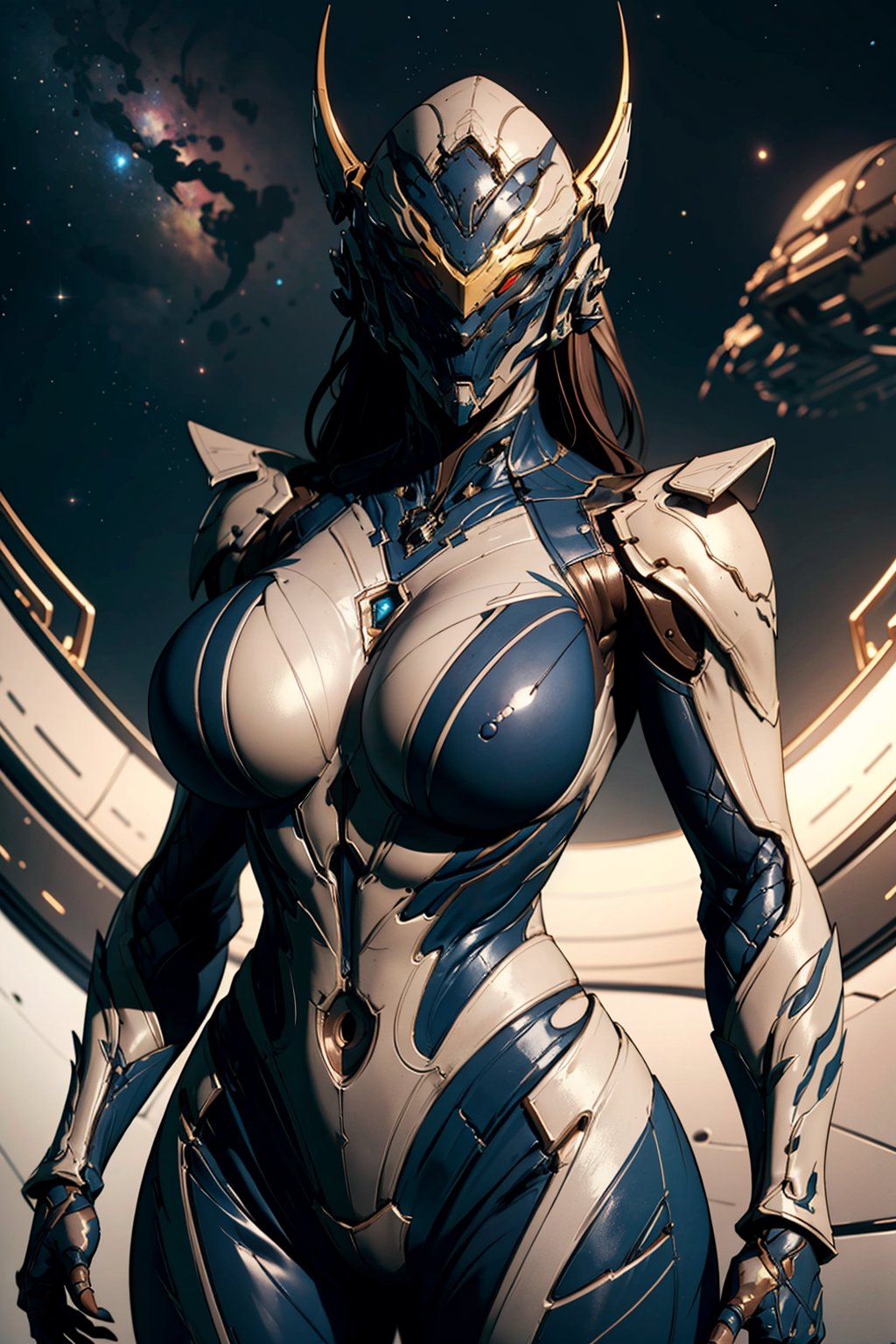 girl, detailed face, cowboy shot, huge breasts, upper body, standing, solo,
space ship, stars,  
(insanely detailed, masterpiece, best quality),Warframe,mecha