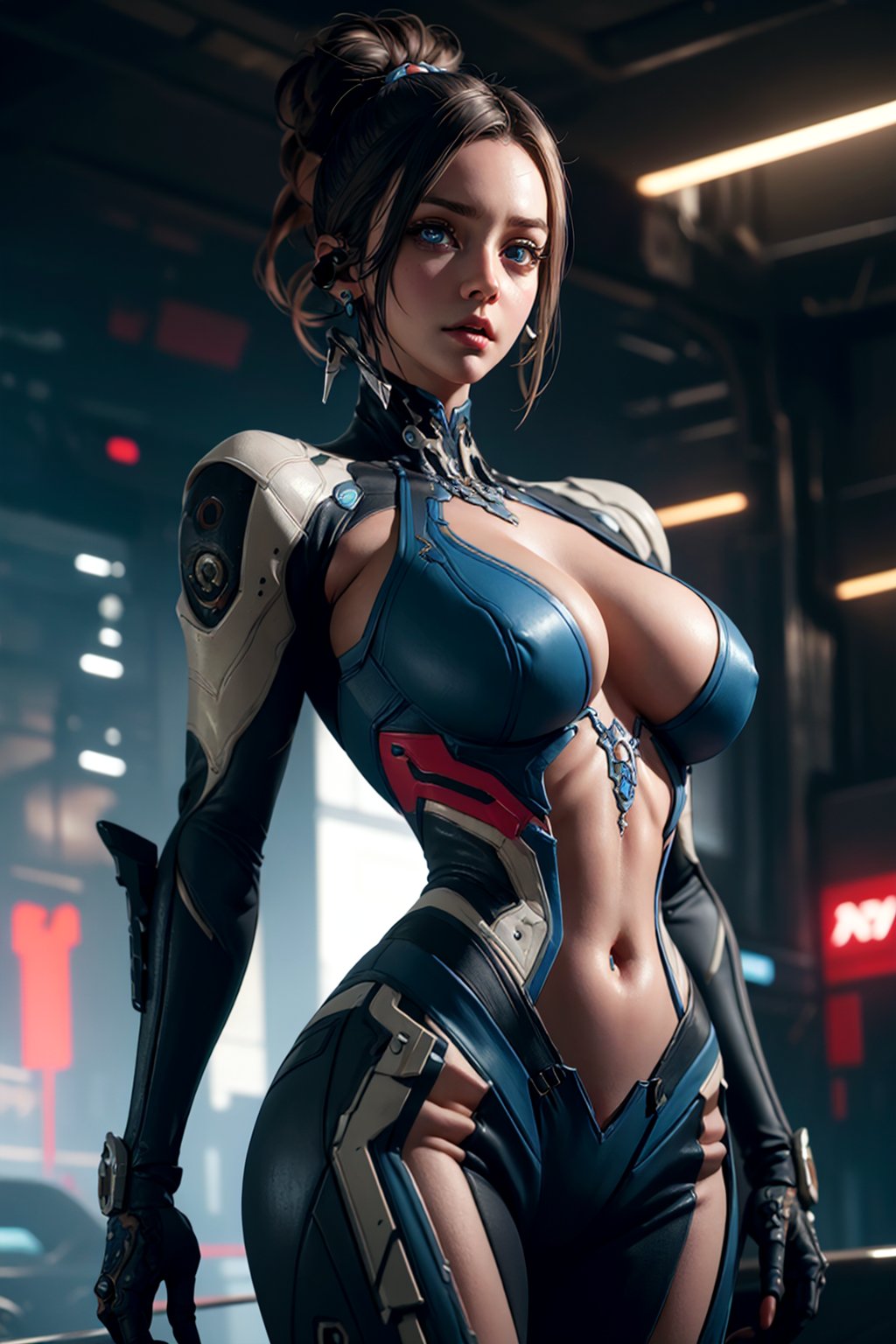 girl, detailed face, cowboy shot, huge breasts, upper body, standing, solo, lips, piercing eyes, beautiful face, detailed face, cyberpunk punk,  
(insanely detailed, masterpiece, best quality),Warframe