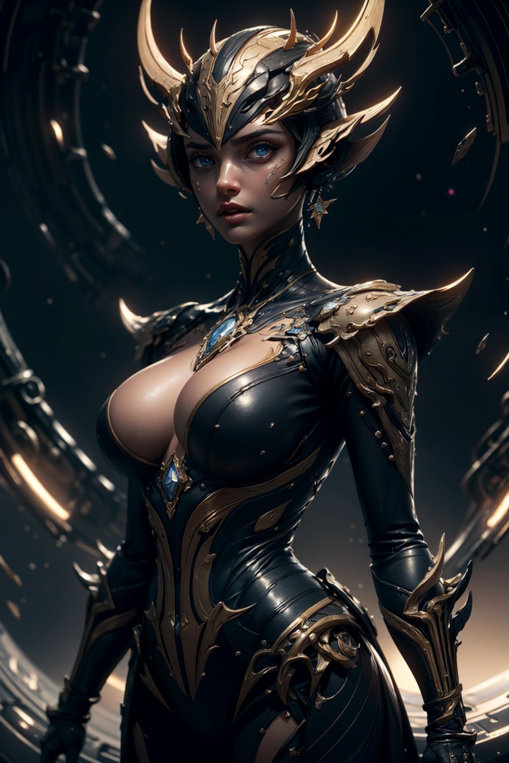 girl, detailed face, cowboy shot, huge breasts, upper body, standing, solo, lips, piercing eyes 
space ship, stars,  
(insanely detailed, masterpiece, best quality),Warframe