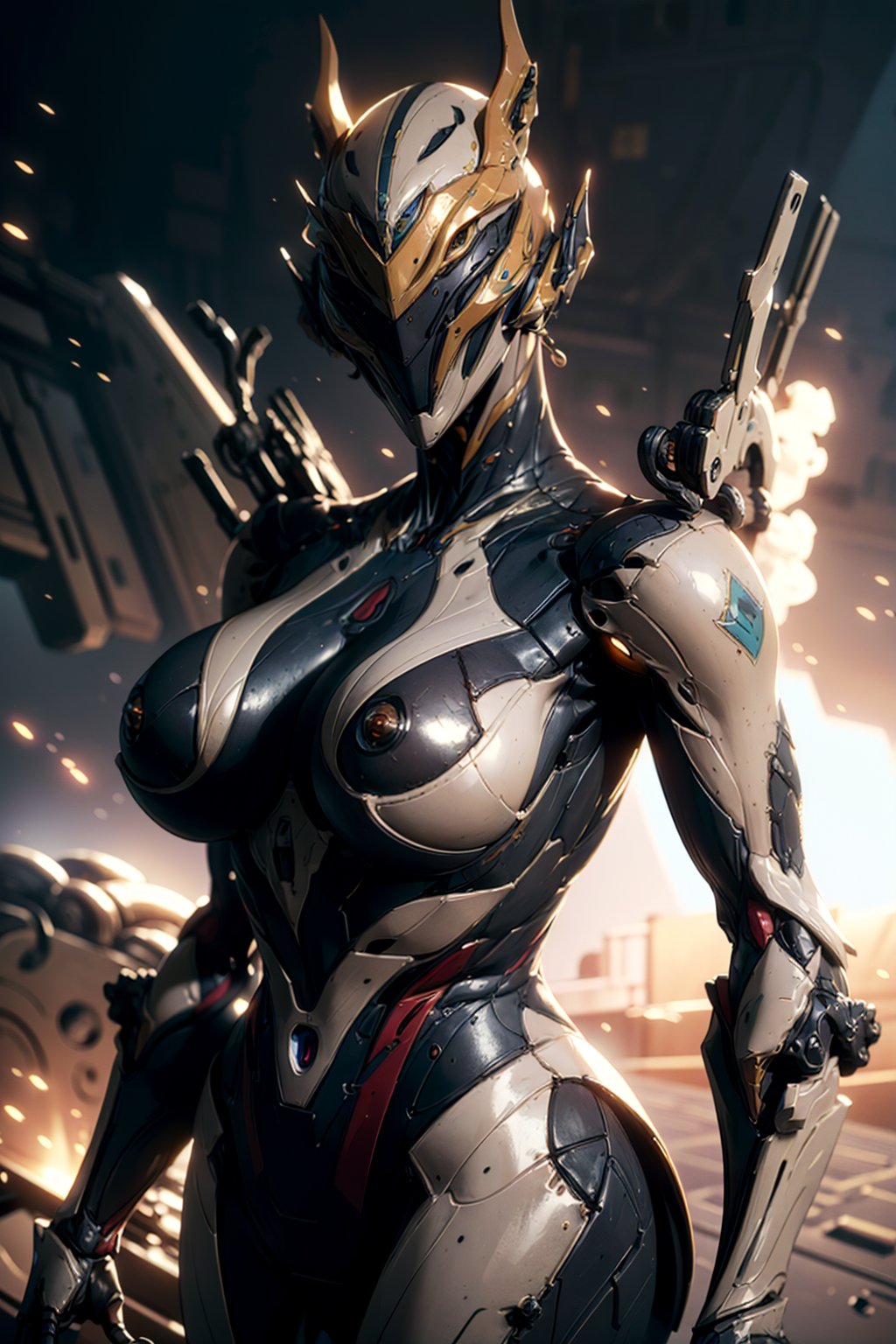 girl, detailed face, cowboy shot, huge breasts, upper body, standing, solo, (helmet, eyes, robot:1.3)
space ship, war, explosion,  
(insanely detailed, masterpiece, best quality),Warframe