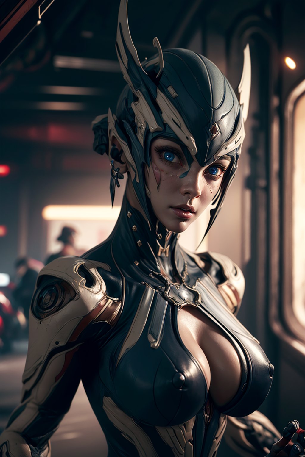 girl, detailed face, cowboy shot, huge breasts, upper body, standing, solo, lips, piercing eyes, beautiful face, detailed face, cyberpunk punk,  
(insanely detailed, masterpiece, best quality),Warframe