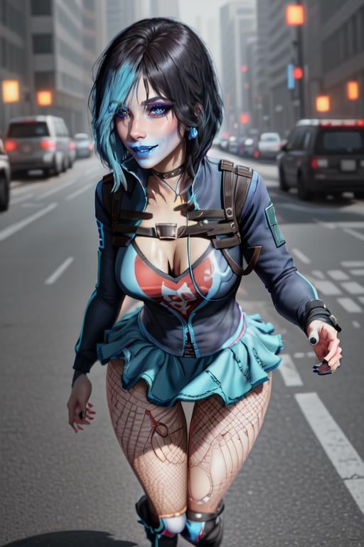 gracedecker , blue lips, makeup, hair covering eye, studded choker, cyberpunk jacket, straps across chest, graphic tee, frilled skirt, torn fishnet pantyhose, highly detailed, <lora:SaintsRowGraceDeckerV0-4b-000013:0.8> <lora:more_details:0.3>, cyberpunk city, 8k, best quality, soft lighting