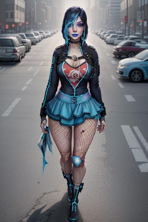 gracedecker , blue lips, makeup, hair covering eye, studded choker, cyberpunk jacket, straps across chest, graphic tee, frilled skirt, torn fishnet pantyhose, highly detailed, <lora:SaintsRowGraceDeckerV0-4b-000013:0.8> <lora:more_details:0.3>, cyberpunk city, 8k, best quality, soft lighting