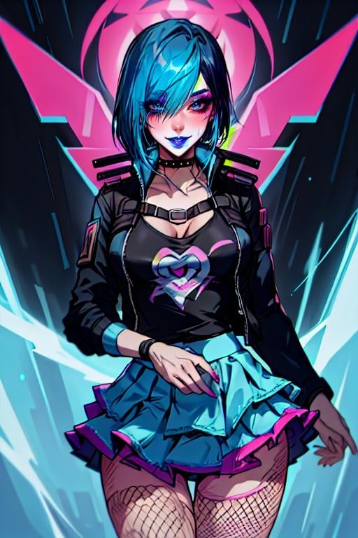 gracedecker , blue lips, makeup, hair covering eye, studded choker, cyberpunk jacket, straps across chest, graphic tee, frilled skirt, torn fishnet pantyhose, highly detailed, <lora:SaintsRowGraceDeckerV0-4b-000013:0.6> <lora:more_details:0.3>, cyberpunk city, 8k, best quality, soft lighting