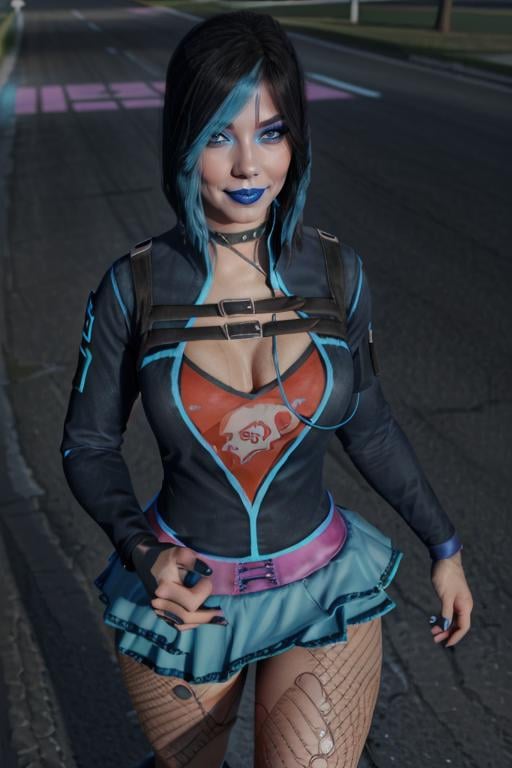 gracedecker , blue lips, makeup, hair covering eye, studded choker, cyberpunk jacket, straps across chest, graphic tee, frilled skirt, torn fishnet pantyhose, highly detailed, <lora:SaintsRowGraceDeckerV0-4b-000013:0.8> <lora:more_details:0.3>, cyberpunk city, 8k, best quality, soft lighting