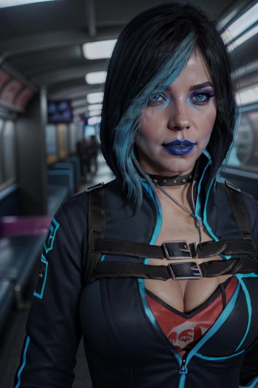 gracedecker , blue lips, makeup, hair covering eye, studded choker, cyberpunk jacket, straps across chest, graphic tee, highly detailed, <lora:SaintsRowGraceDeckerV0-4b-000013:0.8> <lora:more_details:0.3>, subway, 8k, best quality, soft lighting