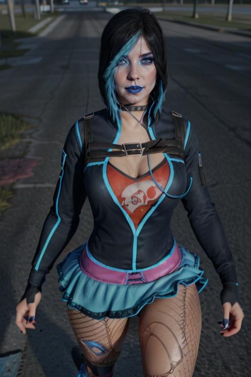 gracedecker , blue lips, makeup, hair covering eye, studded choker, cyberpunk jacket, straps across chest, graphic tee, frilled skirt, torn fishnet pantyhose, highly detailed, <lora:SaintsRowGraceDeckerV0-4b-000013:0.8> <lora:more_details:0.3>, cyberpunk city, 8k, best quality, soft lighting