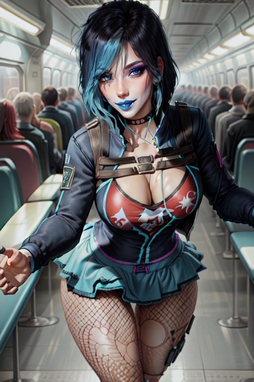 gracedecker , blue lips, makeup, hair covering eye, studded choker, cyberpunk jacket, straps across chest, graphic tee, frilled skirt, torn fishnet pantyhose, highly detailed, <lora:SaintsRowGraceDeckerV0-4b-000013:0.8> <lora:more_details:0.3>, subway, 8k, best quality, soft lighting