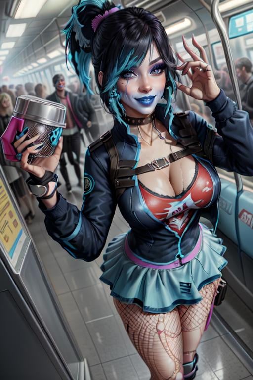 gracedecker , blue lips, makeup, hair covering eye, studded choker, cyberpunk jacket, straps across chest, graphic tee, frilled skirt, torn fishnet pantyhose, highly detailed, <lora:SaintsRowGraceDeckerV0-4b-000013:0.7> <lora:more_details:0.3>, subway, 8k, best quality, soft lighting