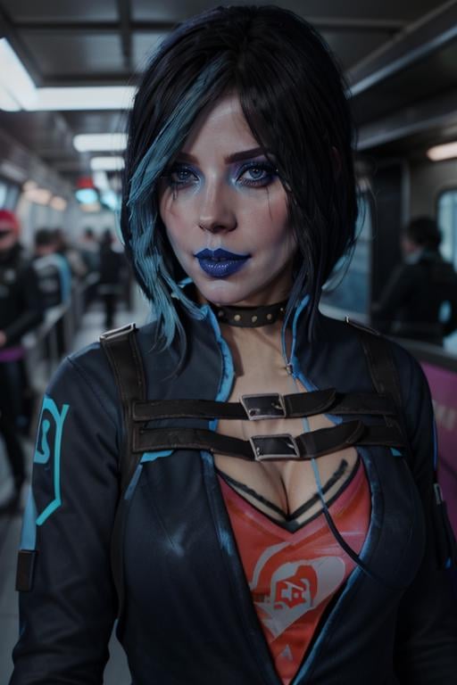 gracedecker , blue lips, makeup, hair covering eye, studded choker, cyberpunk jacket, straps across chest, graphic tee, highly detailed, <lora:SaintsRowGraceDeckerV0-4b-000013:0.8> <lora:more_details:0.3>, subway, 8k, best quality, soft lighting