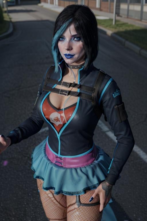 gracedecker , blue lips, makeup, hair covering eye, studded choker, cyberpunk jacket, straps across chest, graphic tee, frilled skirt, torn fishnet pantyhose, highly detailed, <lora:SaintsRowGraceDeckerV0-4b-000013:0.7> <lora:more_details:0.3>, alleyway, 8k, best quality, soft lighting