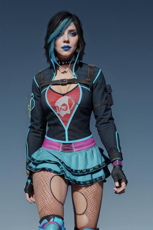 RAW photo of gracedecker, exercise jacket, studded choker, backpack straps, skull symbol, frilled skirt, torn fishnet leggings, kneepads, rollerblades, two toned hair cover eye, cyberpunk city, futuristic, highly detailed, realistic <lora:SaintsRowGraceDeckerV0-5c:0.8>