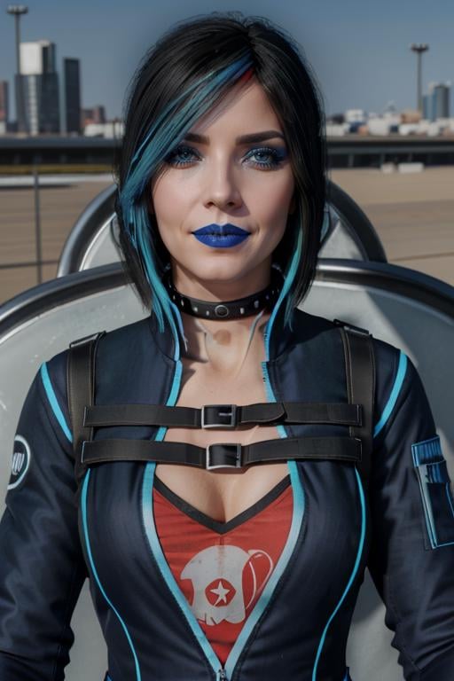 RAW photo of gracedecker, exercise jacket, studded choker, backpack straps, skull symbol,  two toned hair cover eye, cyberpunk city, futuristic, portrait, highly detailed, realistic <lora:SaintsRowGraceDeckerV0-5c:0.7>