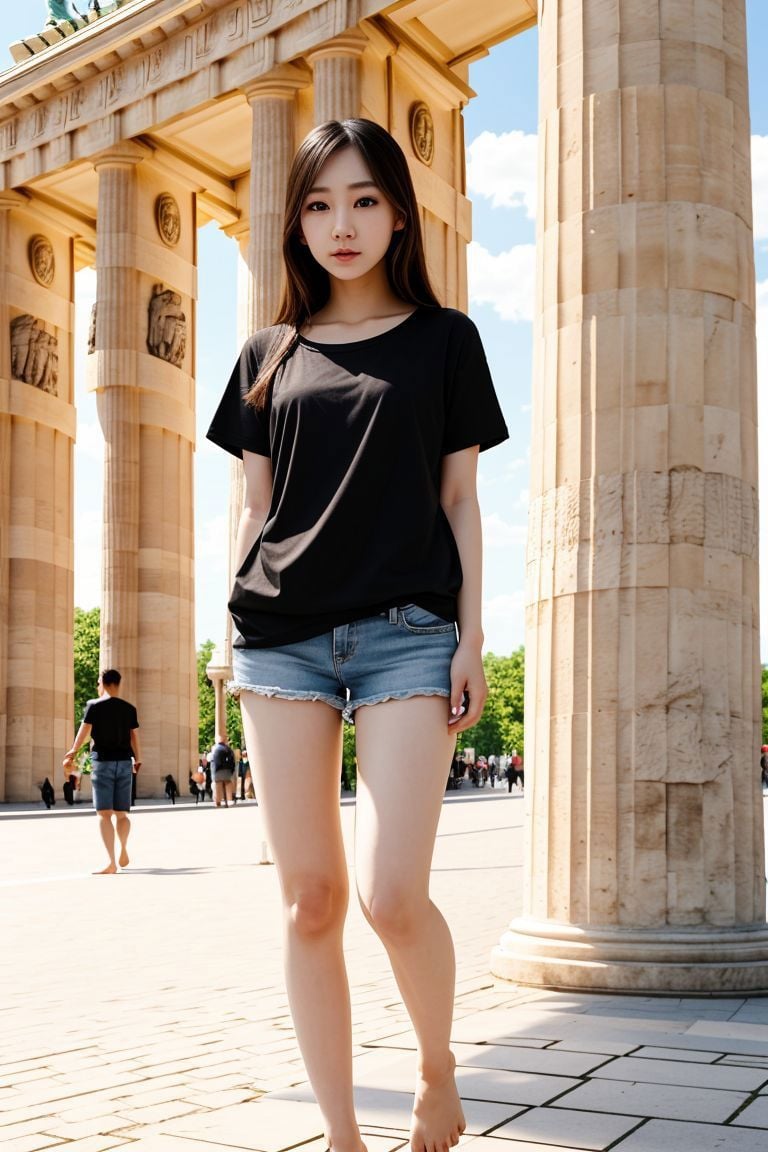 <lora:azndoll1.0_obj20:0.5>, full_body, standing, t-shirt, shorts, barefoot , (brandenburg gate), (azndoll: 1.2), perfect face, (contact iris: 1.1), pale skin, skin pores , depth of field