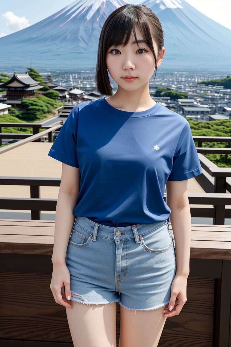 <lora:azndoll1.0_obj20:0.5>, full_body, standing, t-shirt, shorts, barefoot , (mount fuji), (azndoll: 1.2), perfect face, (contact iris: 1.1), pale skin, skin pores , depth of field