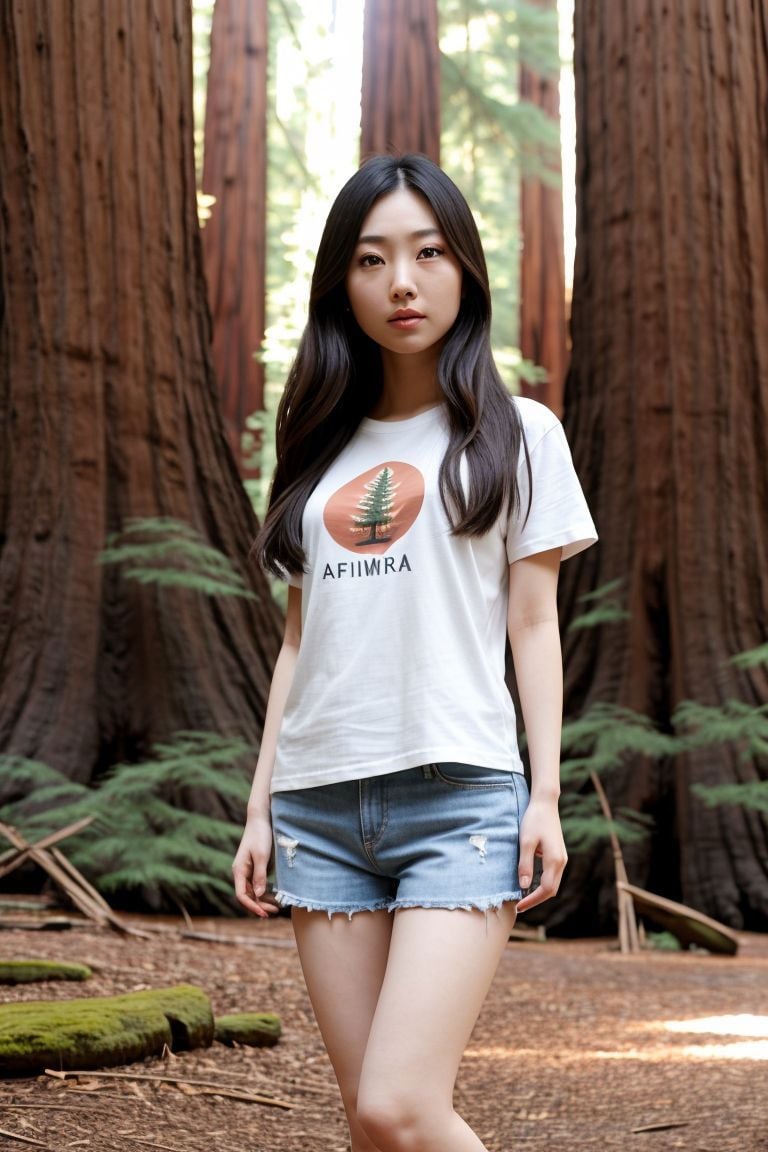 <lora:azndoll1.0_obj20:0.5>, full_body, standing, t-shirt, shorts, barefoot , (california redwoods), (azndoll: 1.2), perfect face, (contact iris: 1.1), pale skin, skin pores , depth of field