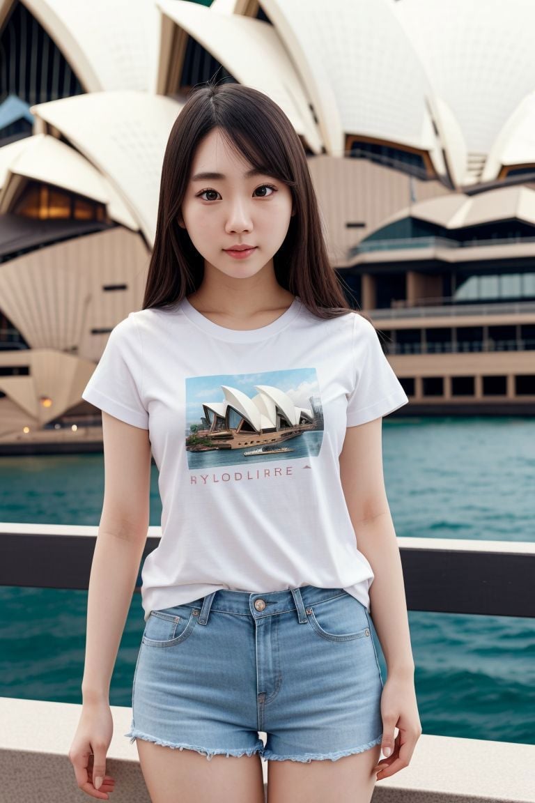 <lora:azndoll1.0_obj20:0.5>, full_body, standing, t-shirt, shorts, barefoot , (sydney opera house), (azndoll: 1.2), perfect face, (contact iris: 1.1), pale skin, skin pores , depth of field