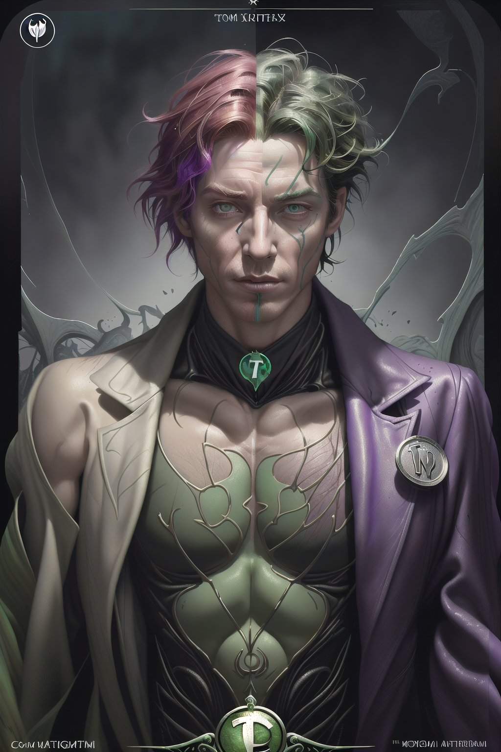 The Riddler from Batman, as the magic ian in a tarot card, highly detailed, cinematic, 8 k, style by stanley artgermm, tom bagshaw, carne griffiths, hyper detailed, full of color

