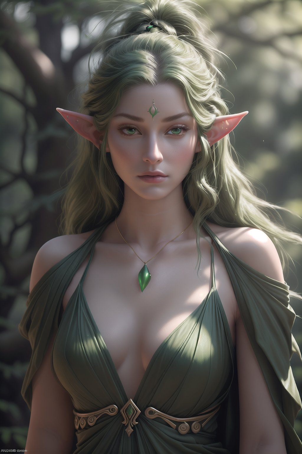 beautiful warrior in the forest, modelling, pose, mature elf, aesthetics of the female body, posing, photorealism, aesthetically pleasing, beautiful, realistic, high resolution, high detail, lush green trees in the forest, expressive look, jewelry

