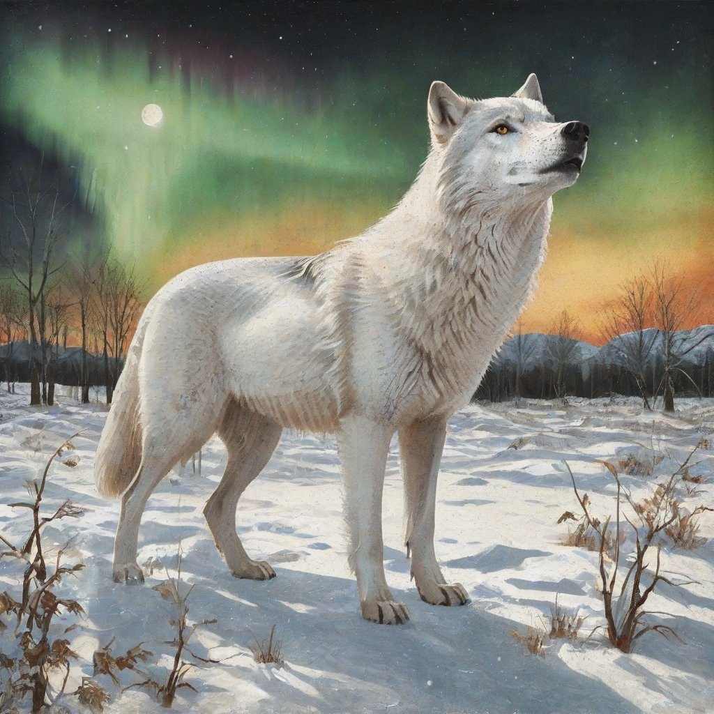  a white-wolf in the winter field ,   wondrous environment ,beautiful auroras, xWOCx illustration style