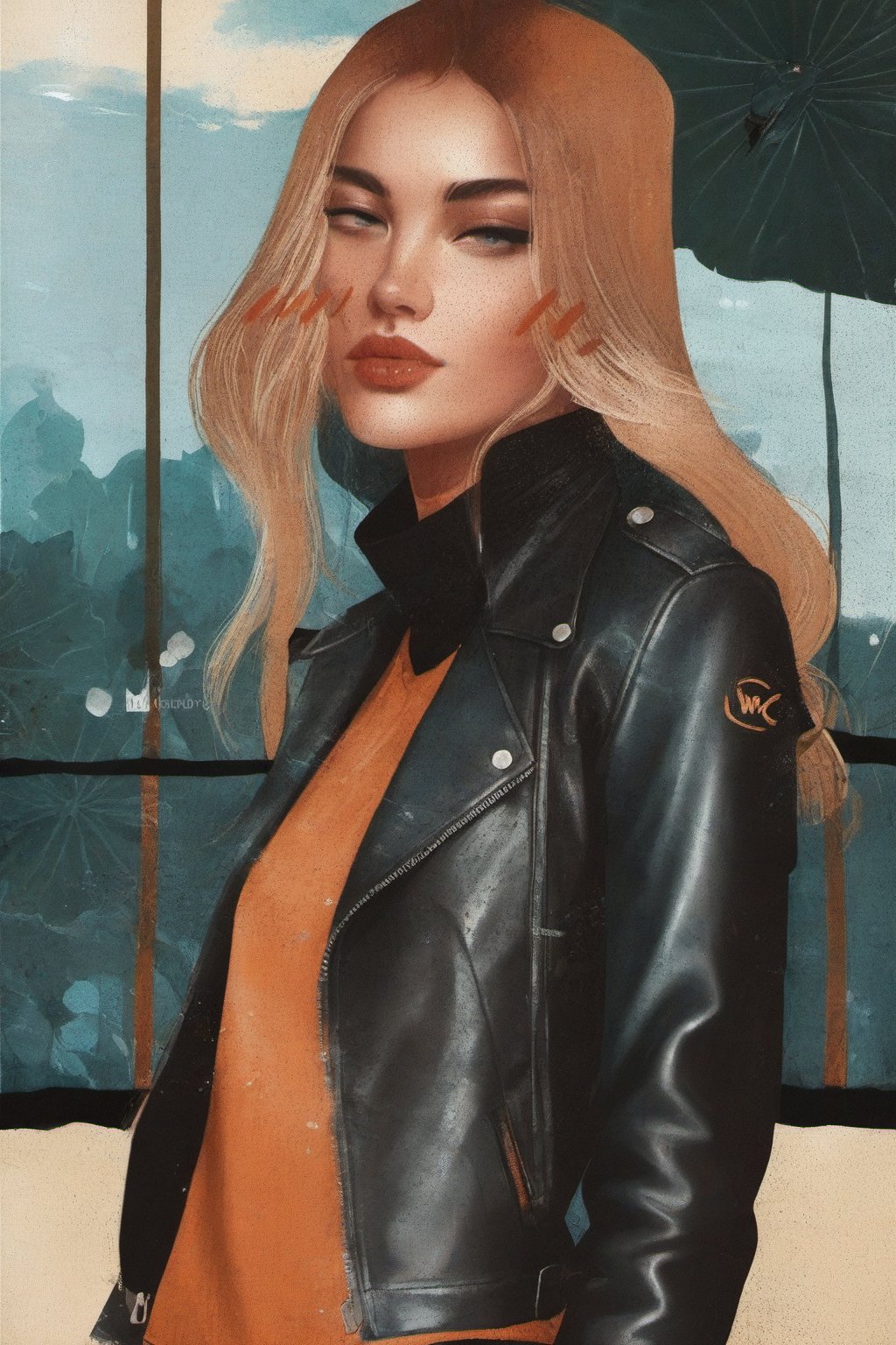 a potrait gorgeous  babe posing ✌️😘 ,  ,elaborated background , leather jacket , gloves, xWOCx illustration style