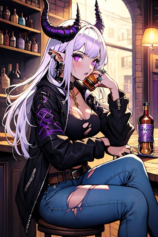 (masterpiece), , (best quality)

1girl, solo, long hair, breasts, looking at viewer, long sleeves, cleavage, jewelry, medium breasts, sitting, purple eyes, jacket, white hair, earrings, parted lips, horns, pointy ears, belt, pants, indoors, torn clothes, thigh strap, colored skin, black pants, ring, crossed legs, bottle, ear piercing, jeans, leather, stool, torn pants, bar (place), torn jeans, whiskey,High detailed 