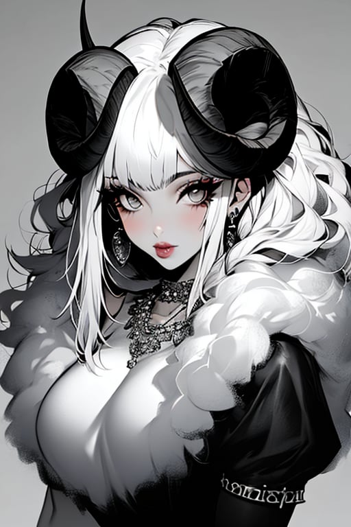 (masterpiece), , (best quality)

1girl, solo, long hair, looking at viewer, jewelry, upper body, braid, white hair, earrings, horns, necklace, lips, grey eyes, eyelashes, hair over shoulder, sheep horns, sheep girl