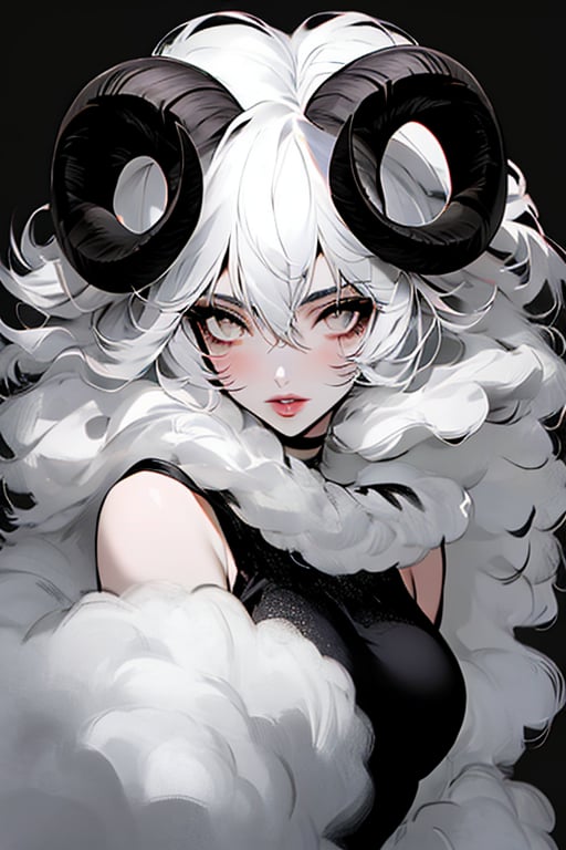 (masterpiece), , (best quality)

1girl, solo, long hair, looking at viewer, simple background, hair between eyes, bare shoulders, upper body, white hair, parted lips, horns, lips, grey eyes, black background, curled horns, white eyes, sheep horns