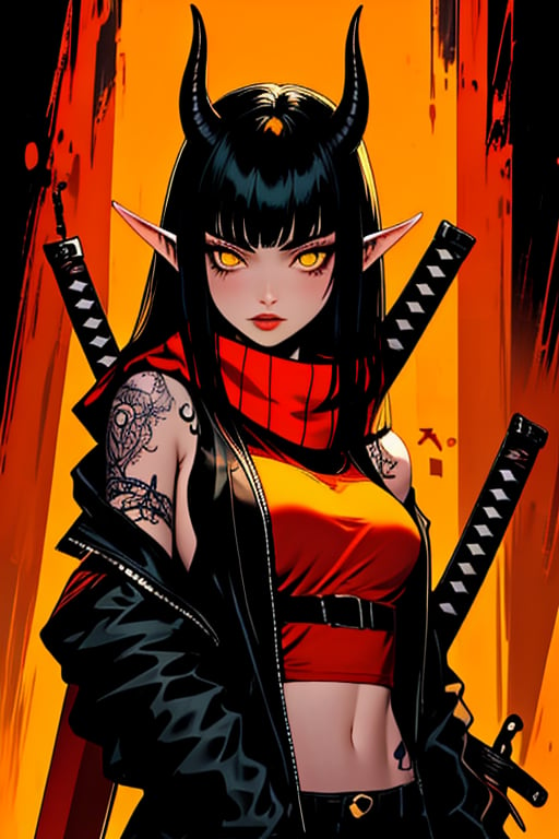 (masterpiece), , (best quality)
1girl, solo, long hair, looking at viewer, black hair, navel, jacket, yellow eyes, upper body, weapon, , parted lips, pointy ears, midriff, sword, blunt bangs, scarf, tattoo, makeup, katana, elf, sheath, orange background, sheathed, mechanical arms, weapon on back, red theme, horns, demon,,<lora:659111690174031528:1.0>