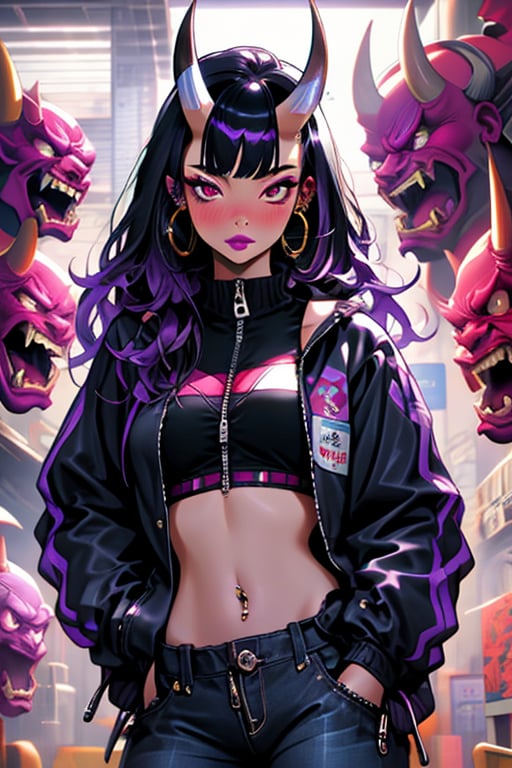 (masterpiece), , (best quality)

1girl, solo, long hair, breasts, looking at viewer, blush, black hair, red eyes, navel, jewelry, medium breasts, closed mouth, jacket, purple hair, earrings, open clothes, horns, midriff, pants, open jacket, lips, black jacket, crop top, makeup, piercing, ear piercing, zipper, oni horns, oni, hoop earrings, hands in pockets, unzipped, zipper pull tab, navel piercing