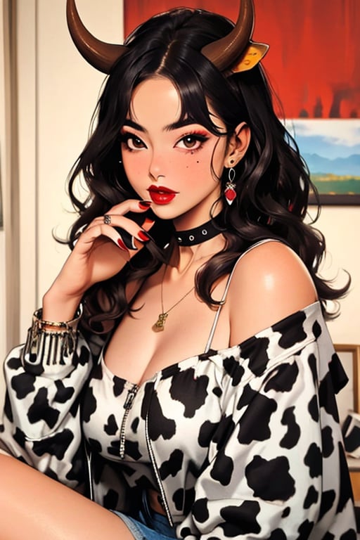 (masterpiece), , (best quality)

1girl, solo, long hair, looking at viewer, blush, black hair, holding, brown eyes, jewelry, jacket, earrings, horns, choker, indoors, off shoulder, nail polish, mole, collar, makeup, wavy hair,  animal print, red nails, mole on breast, cow print, red lips, horns, year of the ox