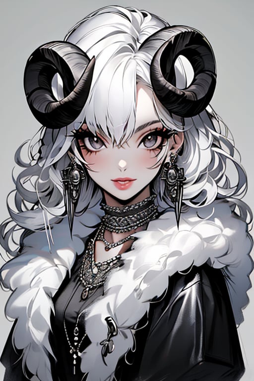 (masterpiece), , (best quality)

1girl, solo, long hair, looking at viewer, jewelry, upper body, braid, white hair, earrings, horns, necklace, lips, grey eyes, eyelashes, hair over shoulder, sheep horns, sheep girl