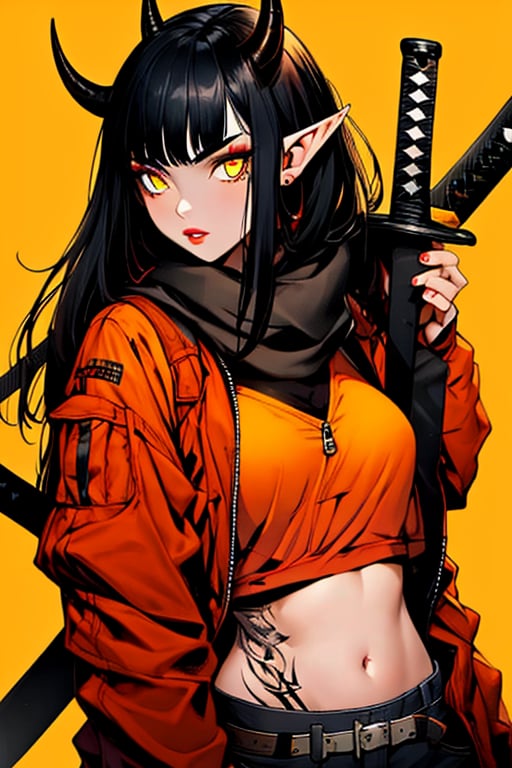 (masterpiece), , (best quality)
1girl, solo, long hair, looking at viewer, black hair, navel, jacket, yellow eyes, upper body, weapon, , parted lips, pointy ears, midriff, sword, blunt bangs, scarf, tattoo, makeup, katana, elf, sheath, orange background, sheathed, mechanical arms, weapon on back, red theme, horns, demon,