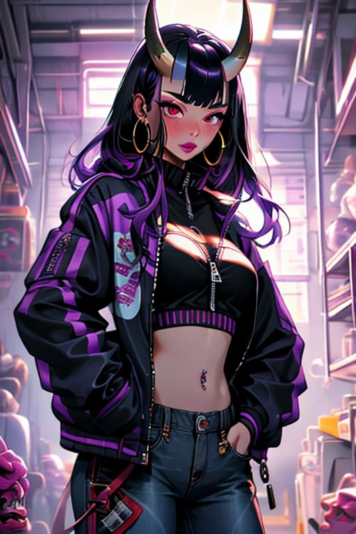 (masterpiece), , (best quality)

1girl, solo, long hair, breasts, looking at viewer, blush, black hair, red eyes, navel, jewelry, medium breasts, closed mouth, jacket, purple hair, earrings, open clothes, horns, midriff, pants, open jacket, lips, black jacket, crop top, makeup, piercing, ear piercing, zipper, oni horns, oni, hoop earrings, hands in pockets, unzipped, zipper pull tab, navel piercing