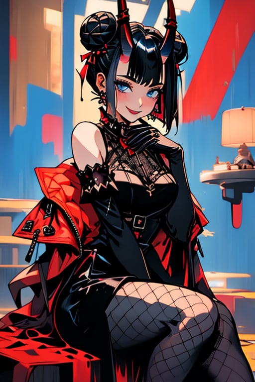 (masterpiece), , (best quality)

1girl, solo, looking at viewer, smile, short hair, gloves, dress, holding, sitting, closed mouth, blue eyes, pantyhose, detached sleeves, black hair, horns, hair bun, black dress, double bun, makeup, fishnets,  black horns, gloves, gothic, black pantyhose