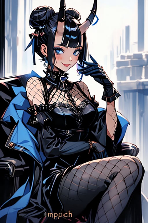 (masterpiece), , (best quality)

1girl, solo, looking at viewer, smile, short hair, gloves, dress, holding, sitting, closed mouth, blue eyes, pantyhose, detached sleeves, black hair, horns, hair bun, black dress, double bun, makeup, fishnets,  black horns, gloves, gothic, black pantyhose