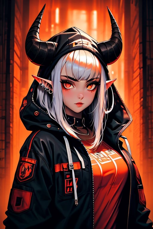 (masterpiece), , (best quality)

1girl, solo, long hair, looking at viewer, shirt, red eyes, hat, jewelry, closed mouth, jacket, upper body, white hair, open clothes, horns, pointy ears, hood, open jacket, black jacket, orange eyes, mole under eye, piercing, hood down, slit pupils, demon horns, hooded jacket, red headwear, beanie,