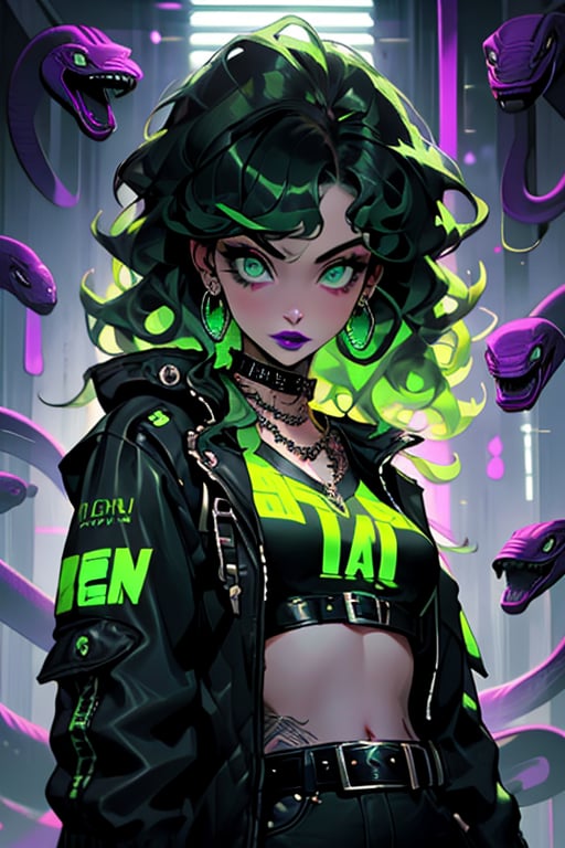 (masterpiece), , (best quality)

1girl, solo, long hair, breasts, looking at viewer, shirt, navel, jewelry, closed mouth, green eyes, jacket, upper body, earrings, green hair, open clothes, choker, midriff, belt, necklace, open jacket, lips, black jacket, crop top, tattoo, makeup, glowing, wavy hair, black choker, slit pupils, glowing eyes, clothes writing, buckle, curly hair, black belt, belt buckle, snake, leather, purple lips, leather jacket, snake hair