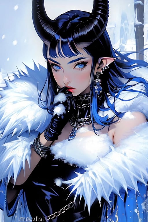 (masterpiece), , (best quality)

1girl, solo, long hair, breasts, looking at viewer, blue eyes, gloves, jewelry, blue hair, upper body, earrings, horns, pointy ears, black gloves, fur trim, chain, ring, snow